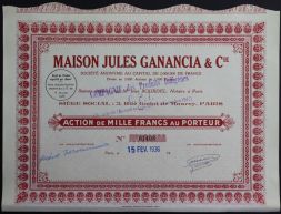 Акция Maison Jules Ganancia et Cie, 1000 франков 1936 года, Франция